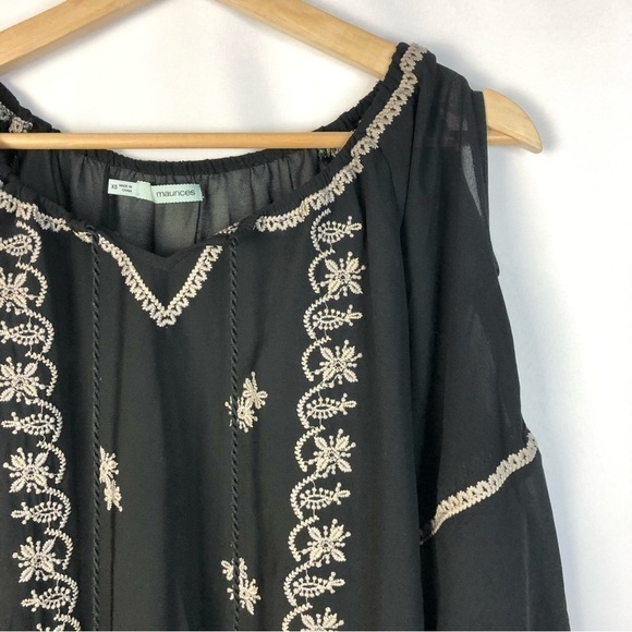 Maurices Black & Brown Embroidered Cold Shoulder Long Sleeve Blouse XS - Picture 3 of 4